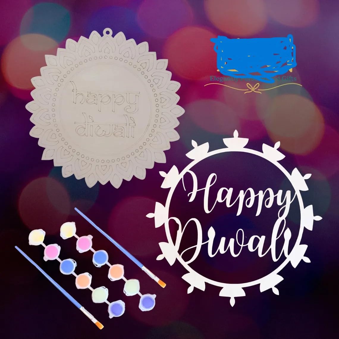 Pack of 2 Diwali Wreath – 12 Inch MDF Unfinished Diwali Door Sign, Door Hanger, Craft Kit for Kids